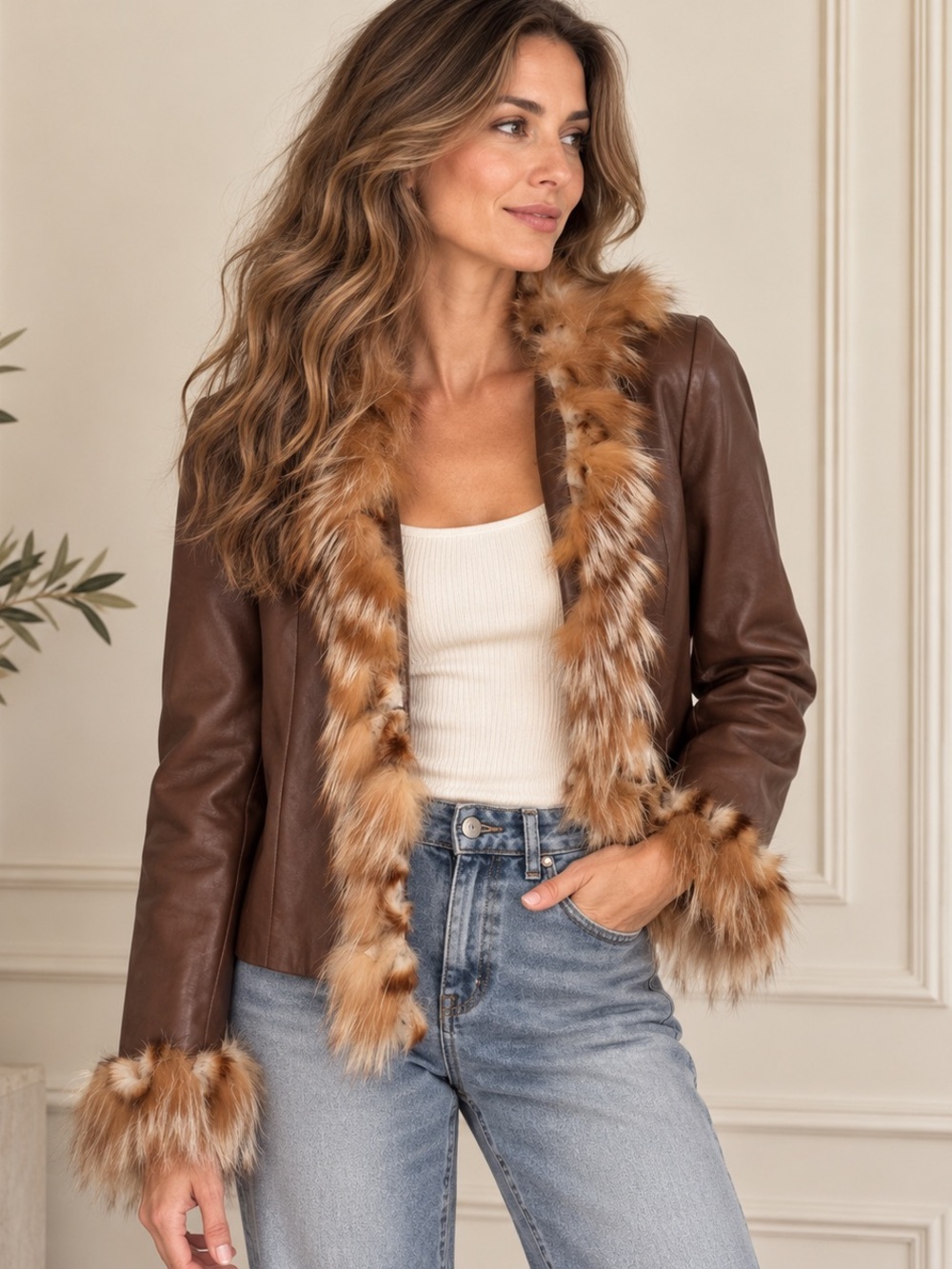 Vericci Genuine Leather Real Fur Trim Jacket Brown Y2K M